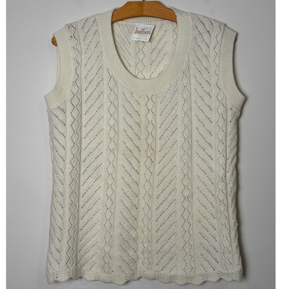 Jantzen Womens VTG Ivory Pointelle‎ Knit Sweater Vest L Cottage Preppy Coquette